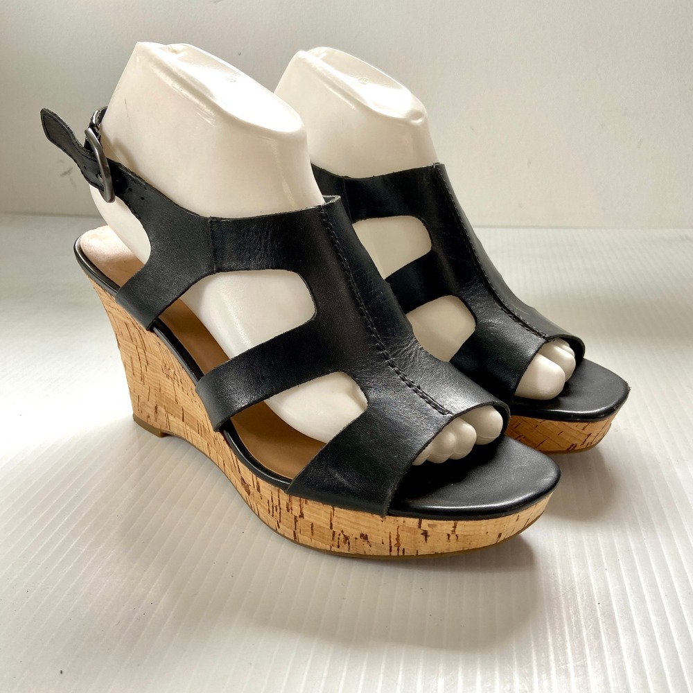 Franco Sarto Colletta Black Leather Cork Wedge Platform Sandals Womens‎ 8.5